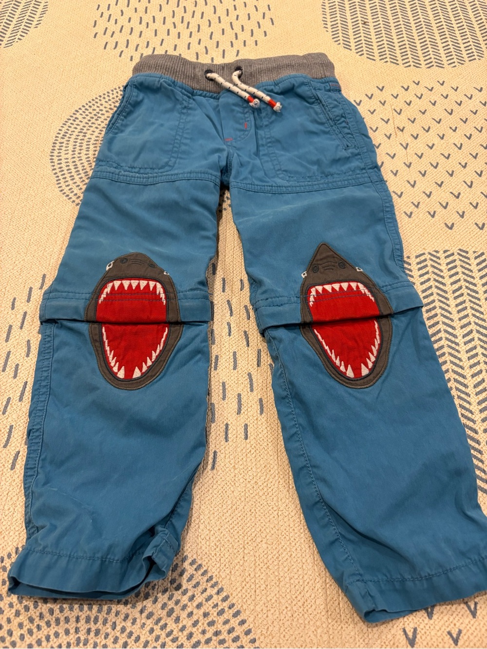 Mini Boden Blue Pants with Red Shark Knee Appliques zip off into shorts